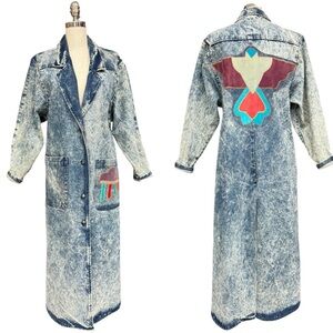 Vintage Pioneer Wear Acid Wash Denim Maxi Duster Coat 80s 90s Southwestern EUC
